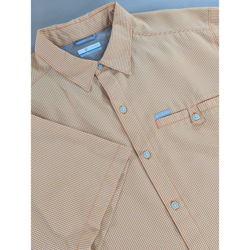 Columbia Shirt Mens Large Orange Gingham Short Sleeve Vented Button Up